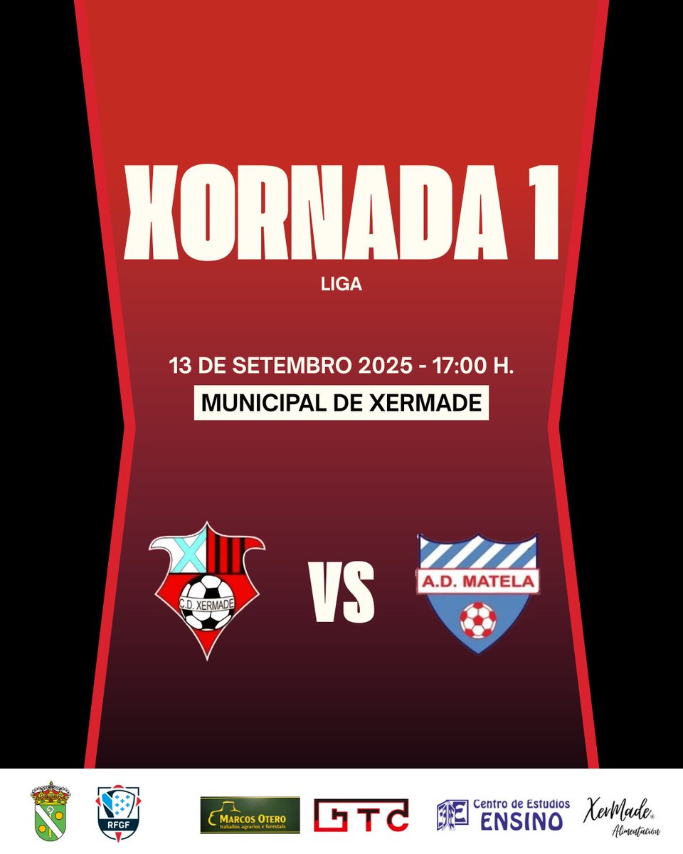 Mañá abrimos na casa unha nova temporada!

🔴 Xornada 1 ⚫️

⚽️ CD Xermade - AD Matela
📆 Sábado 13 de setembro
⏰ 17:00 h.
📍 Municipal de Xermade

#Xermade2526 ❤️🖤