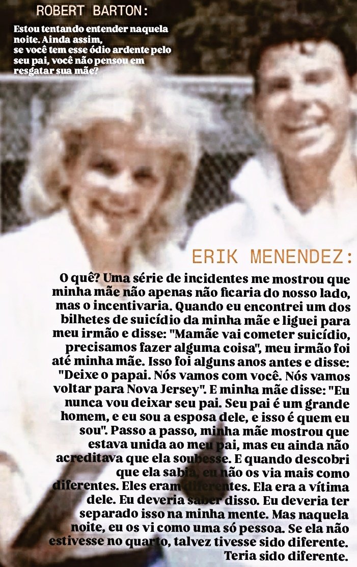 em suas audiências de liberdade condicional, a mesma pergunta foi feita aos irmãos: "POR QUE VOCÊ MATOU SUA MÃE?" e a resposta foi simples: no campo de treinamento dos menendez, a kitty não era prisioneira, mas sim, um dos guardas. 
#JusticeForErikAndLyle 👇🏻