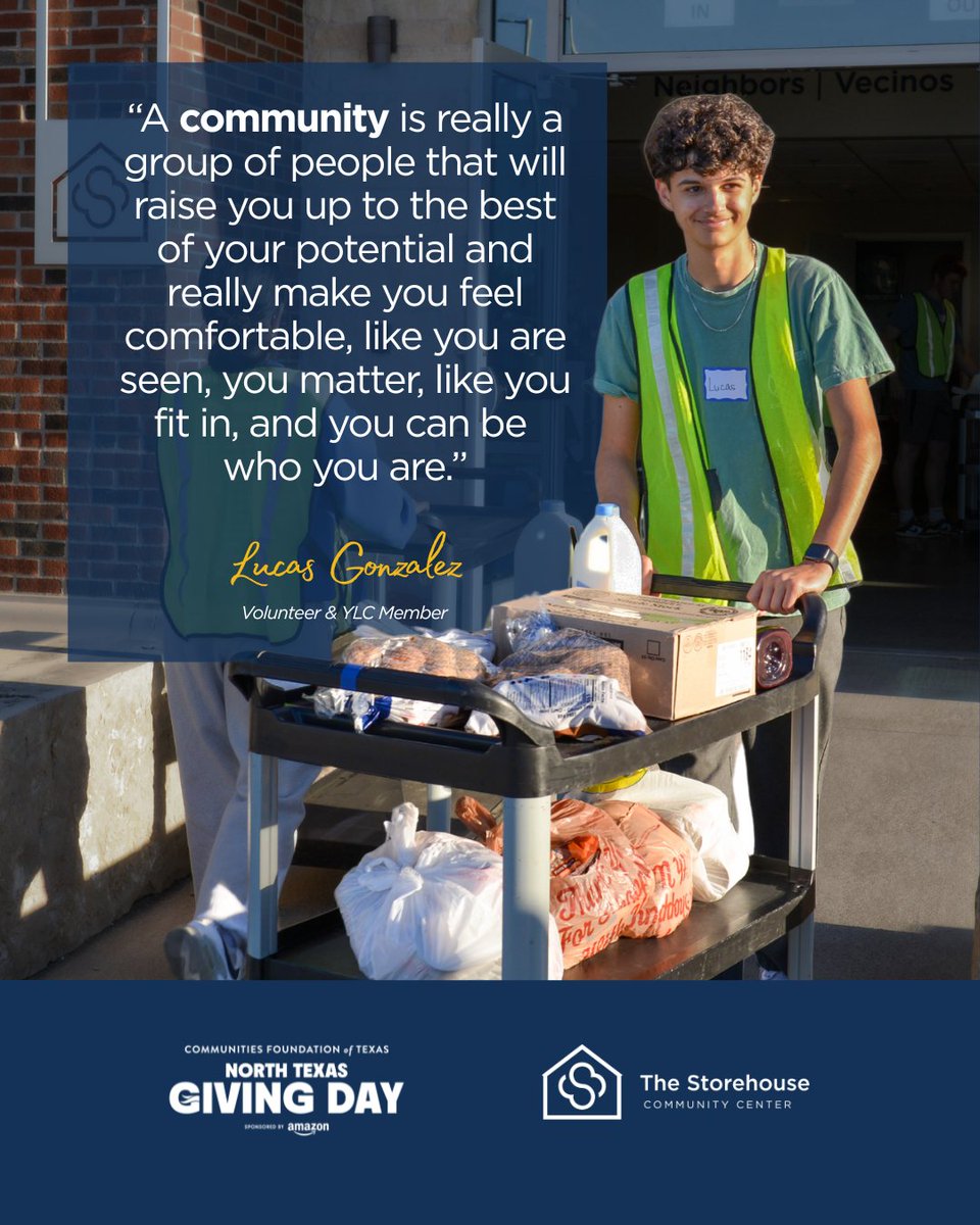 This week, we shared how Lucas is discovering his purpose and developing as a leader by serving his neighbors at The Storehouse.

💬What do you look for in a community? 

Support our mission this North Texas Giving Day: northtexasgivingday.org/thestorehousecc

#NorthTexasGivingDay #onecommunity