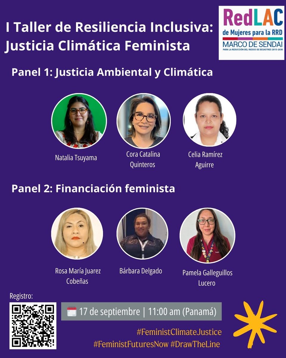 📢 ¡Participa en la I Plenaria – Taller de Resiliencia Inclusiva!
🗓️ 17 SEP | 11h00 (Panamá) | Zoom
Voces de mujeres, juventudes y diversidad por una  #JusticiaClimáticaFeminista 🌎✊🏽
👉 Regístrate: undrr.zoom.us/meeting/regist…

#FeministClimateJustice #FeministFutureNow #DrawTheLin
