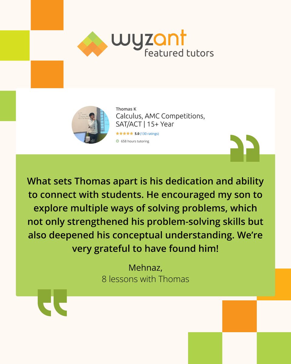 Whether you're prepping for the SAT/ACT or tackling a tricky course, Thomas can help. A certified math teacher with a degree in Applied Mathematics, he tutors students in subjects from Algebra to Trigonometry. bit.ly/41mKKCR