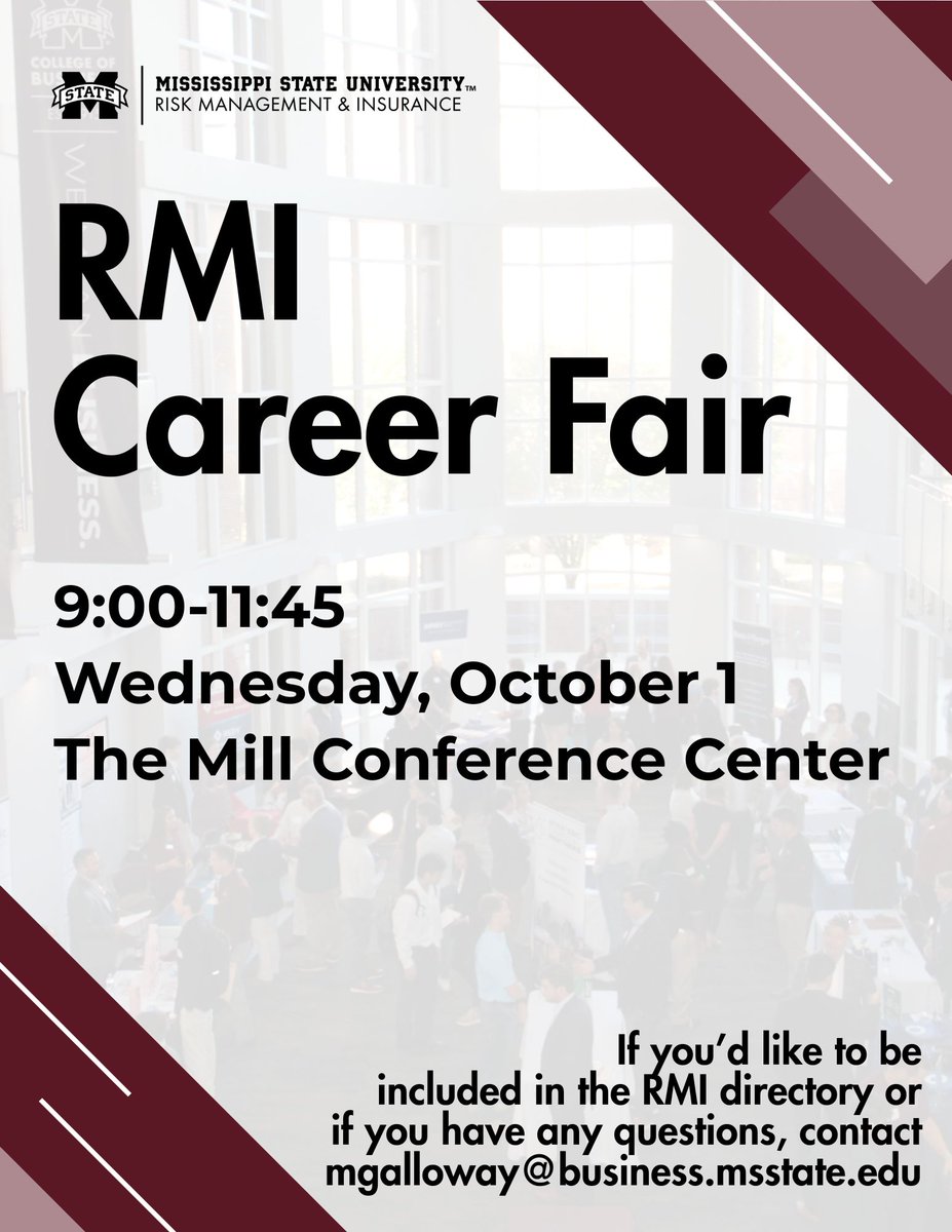 🚨 Mark your calendars! 🚨The RMI Career Fair is coming up:

This is your chance to connect with top employers, explore internships, and take the next step in your career in Risk Management &amp; Insurance. 

Questions? Email mgalloway@business.msstate.edu.