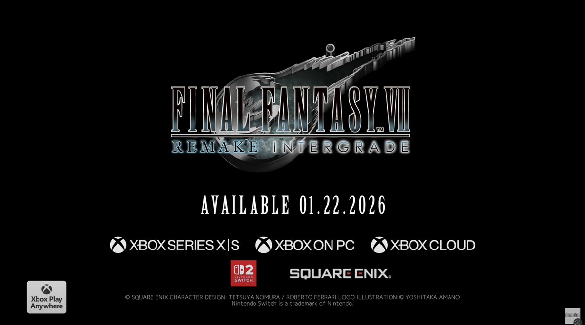 Final Fantasy VII Remake Intergrade releases January 22, 2026 on Xbox Series X|S.

Supports Xbox Play Anywhere.

youtube.com/watch?v=0eIb6W…