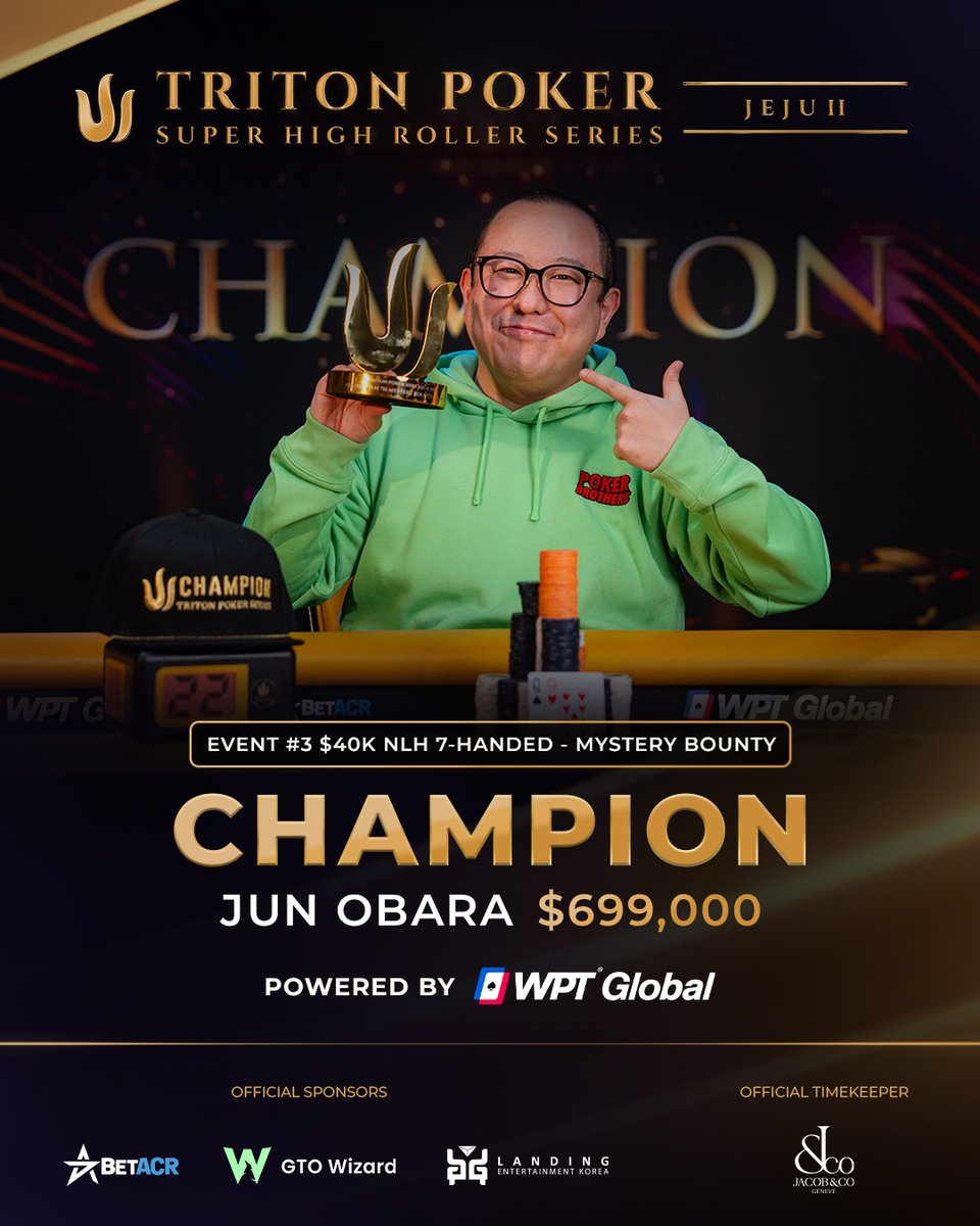 tritonpoker's tweet photo. 🔱 New Triton Champion: Jun Obara!

In his debut, Obara @128i256 made history as Triton's first Japanese Champion, knocking out the entire Final Table to earn the nickname "Bounty Hunter." 

He takes home $699,000 and 17 Mystery Bounties.

小原順さん、おめでとうございます！ https://t.co/1X2zBnpTyp
