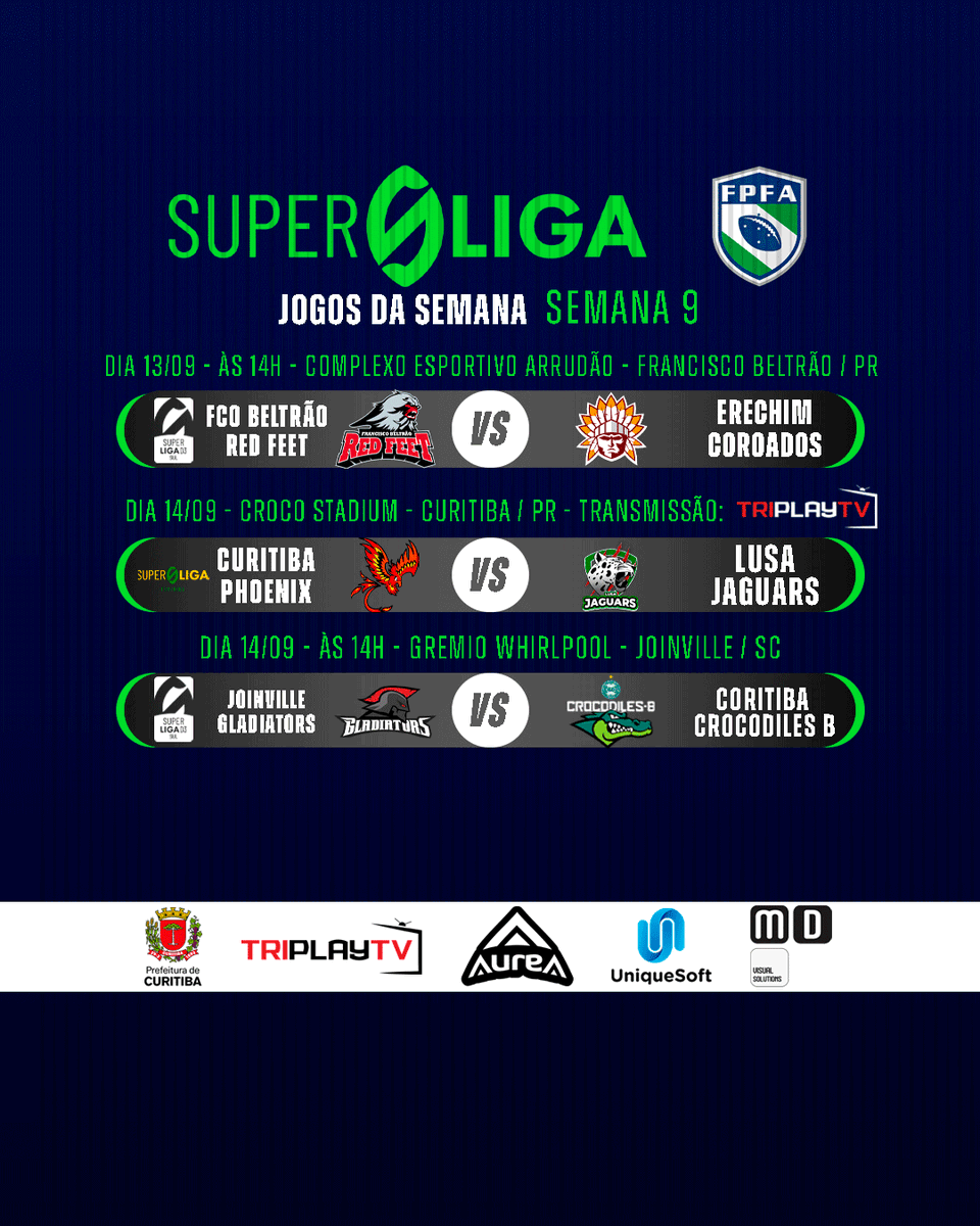 Agenda dos times paranaenses na Superliga Feminina e D3.

Confira as datas e horários dos jogos, e prepare a sua torcida!

#FPFA #FOOTBALL #FOOTBALLSTATE #FUTEBOLAMERICANO #INCENTIVOESPORTECURITIBA #INCENTIVOSOLIDÁRIOPMC #GOVERNODOESTADODOPARANÁ #PARANÁESPORTE