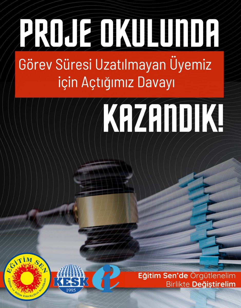 🔴Proje Okulunda Görev Süresi Uzatılmayan Üyemiz İçin Açtığımız Davayı Kazandık
Giresun İdari Mahkemesi, proje okulunda yeniden görevlendirme tercihi kabul edilmeyen üyemiz için açtığımız davada, idari taktir yetkisinin kullanımını sınırsız bularak esastan işlemin iptaline karar
