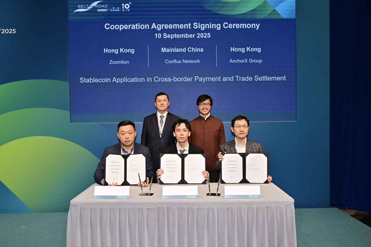 AnchorX_Ltd's tweet photo. At the 10th Belt and Road Summit in Hong Kong, jointly organized by the Government of the Hong Kong SAR and the Hong Kong Trade Development Council @hktdc , AnchorX signed key Memorandums of Understanding (MoUs) with Lenovo, Zoomlion, China Brilliant Global, ATAIX, and Conflux @Conflux_Network  to explore AxCNH’s applications in cross-border payments, trade settlements, digital asset trading, and Real-World Asset (RWA) tokenization.

Signing Partners for the MoUs:

- Lenovo: A multinational technology company ranked 196th on the Fortune Global 500 list as of 2025. Lenovo is the world’s largest personal computer vendor by unit sales as of 2024.
- Zoomlion: A global leader in mechanical equipment manufacturing with operations in over 100 countries and overseas revenue of RMB 23.4 billion in 2024.
- China Brilliant: China’s first and largest supply chain service platform, empowering the manufacturing industry with cumulative merchandise trade totaling RMB 880 billion.
- ATAIX: One of the leading licensed crypto exchanges in Kazakhstan, with planned trading pairs of AxCNH:USDT and AxCNH:KZT on both the Conflux and Ethereum blockchain networks.
- Conflux: The leading regulatory-compliant public blockchain in China, offering superior security, low latency, and cost-effectiveness.

Heartfelt thanks to the HK Belt & Road Office (BRO) and @hktdc for the opportunity to participate in the Belt & Road Summit. We also deeply appreciate Governor Renat Bekturov @RBekturov from AIFC and BRO Commissioner Nicholas Ho @nicholas_lcho for witnessing our MoUs.