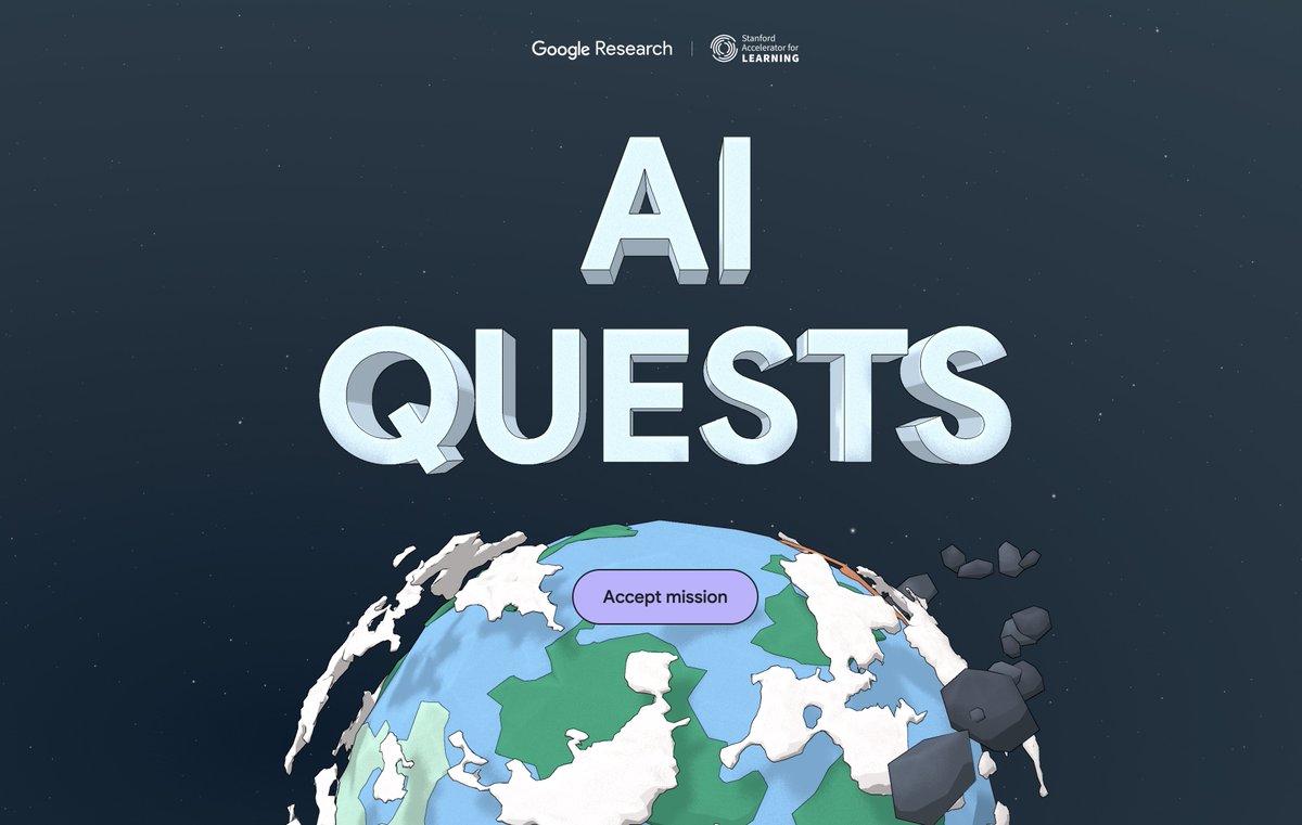 erhanmeydan's tweet photo. 🎮 Google, Stanford işbirliğinde çocuklara yapay zeka okur yazarlığı kazandırmak için harika bir öğrenme içerikleri hazırlamış.
AI Quests ile 11-14 yaş arasındaki çocuklar oyun oynayarak Google'ın gerçek AI projelerini deneyimliyor. Veri toplama, model eğitimi, test etme... Hepsi oyunun içinde!
Bence bu projenin en güzel yanı eğitimciler için yapay zekayı eğitimden nasıl kullanacaklarına dair fikirler içeriyor.

Çocuklar şu konuları oyun oynayarak öğrenecekler;

Sel felaketlerini tahmin edebilecek 🌊
Körlüğe yol açan hastalıkları tespit edebilecek 👁️
İnsan beynini haritalayabilecek 🧠

Sitede öğretmenler için de kaynaklar paylaşılmış.