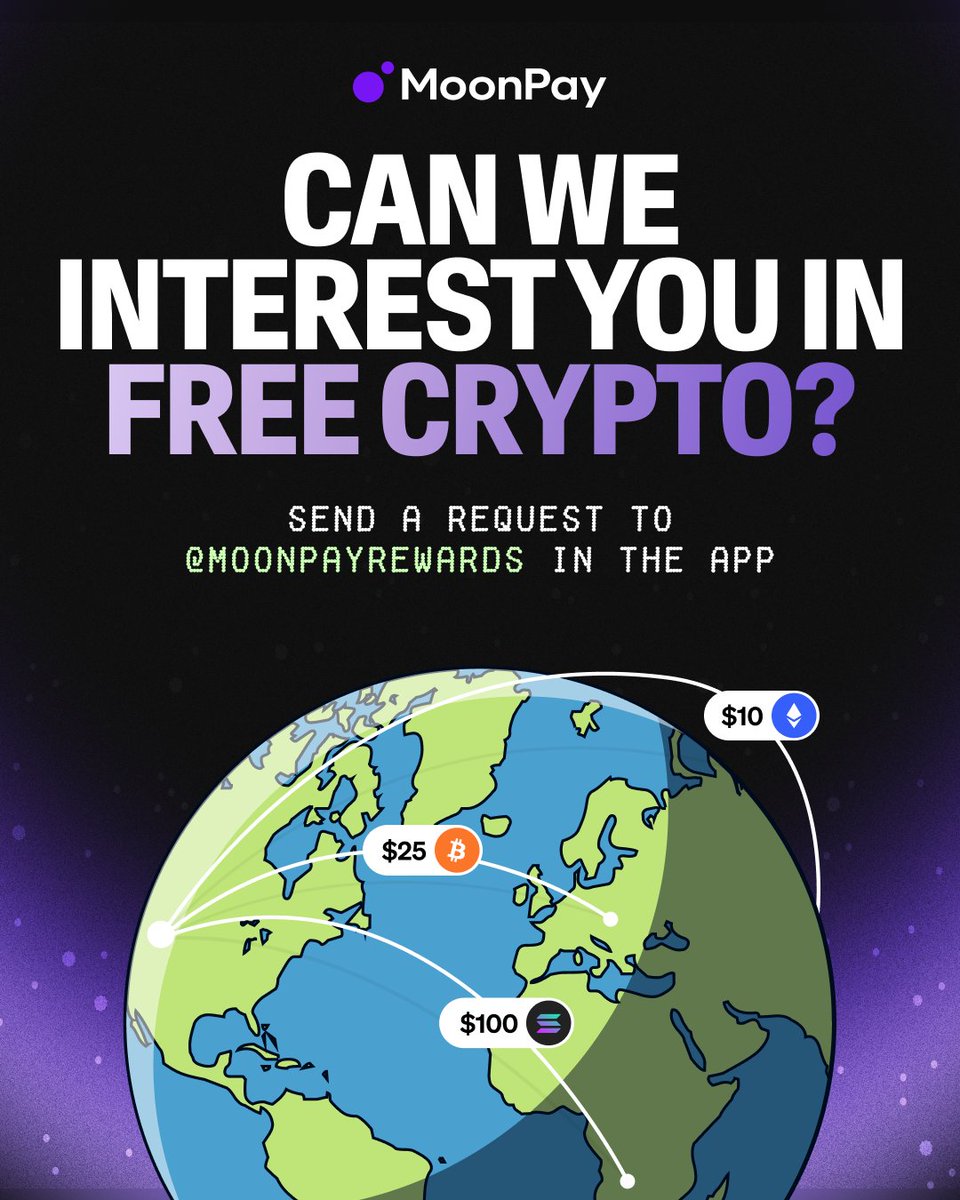 to celebrate the launch of MoonTags, we're giving away $3,000 in crypto!  

1️⃣ open the MoonPay app 
2️⃣ send a request to MoonPayRewards 
3️⃣ wait and see if you get lucky 

free lunch? new shoes? you can request any amount...