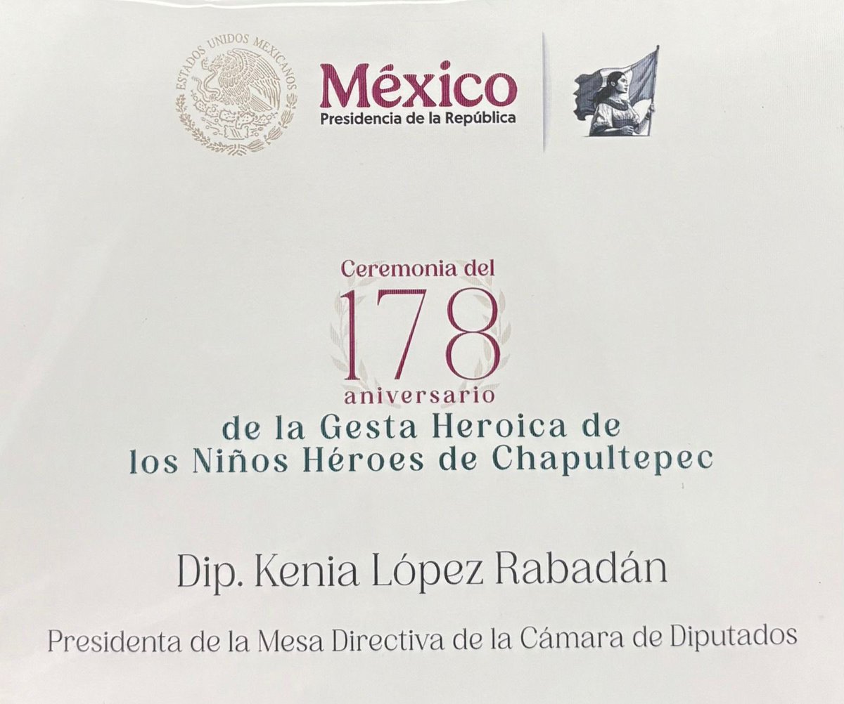 Dra. Kenia López Rabadán (@kenialopezr) on Twitter photo He recibido la invitación de la Presidenta de la República <a href="/Claudiashein/">Claudia Sheinbaum Pardo</a> para asistir a la ceremonia del 178 Aniversario de la Gesta Heroica de los Niños Héroes de Chapultepec.
Asistiré como Presidenta de la Cámara de Diputados, en representación de mis compañeras y compañeros He recibido la invitación de la Presidenta de la República <a href="/Claudiashein/">Claudia Sheinbaum Pardo</a> para asistir a la ceremonia del 178 Aniversario de la Gesta Heroica de los Niños Héroes de Chapultepec.
Asistiré como Presidenta de la Cámara de Diputados, en representación de mis compañeras y compañeros
