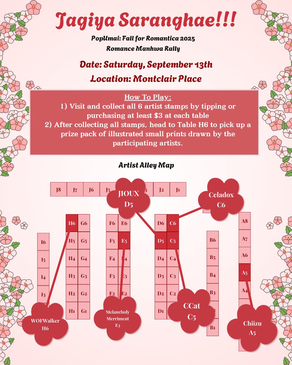 Will be host a Romance Manhwa Stamp Rally at <a href="/pop_umai/">Pop Umai 🔜 TBA</a>  Fall for Romantica Event happening on 9/13! Tip or purchase a minimum of $3 at each artist to earn their stamps. Once finished, head over to Table H6 to get a set of illustrated 4x6" prints as shown below!