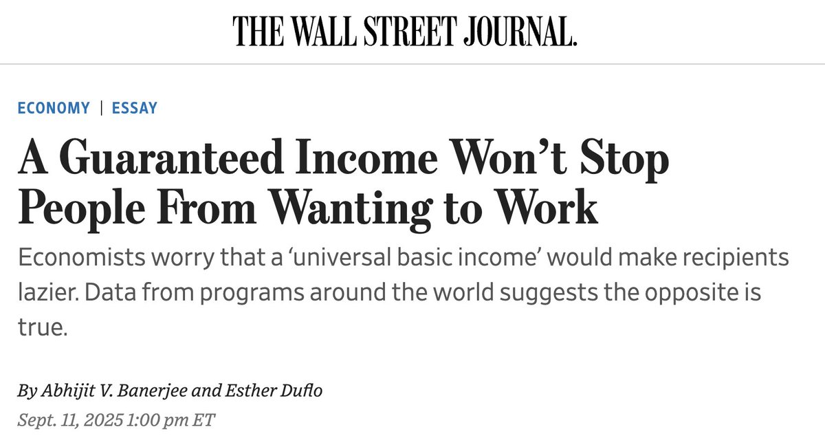 Guaranteed income works, and you don't have to just take our word for it.

Nobel Prize-winning economists Abhijit Banerjee &amp; Esther Duflo agree, in a recent essay in the Wall Street Journal.

wsj.com/economy/a-guar…