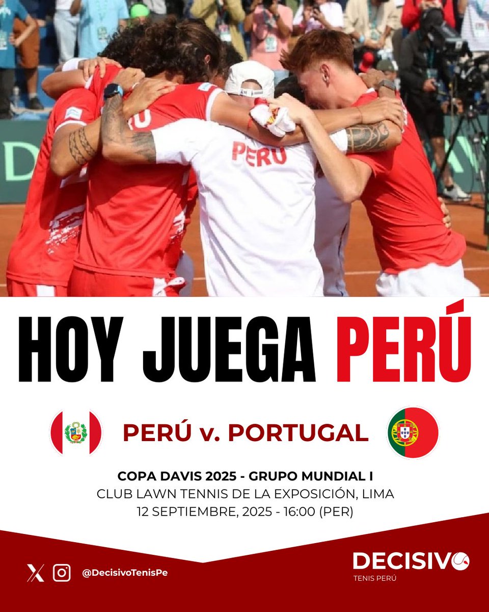 DecisivoTenisPe's tweet photo. 🎾🇵🇪 ¡HOY JUEGA PERÚ!
Buse, Bueno, Varillas, Merino, y el apoyo de muchos peruanos, hoy y mañana en busca de dar el golpe ante 🇵🇹 Portugal en el Grupo Mundial I de Copa Davis.
Hoy somos locales después de 2 años. Vamos con todo desde las 4 PM. ¡Vamos equipo!
#ModoCopaDavis