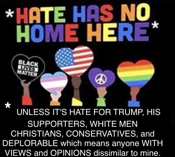 Bold text reading "HATE HAS NO HOME HERE" in colorful letters. Below, hands holding heart-shaped symbols: an American flag heart, a transgender pride flag heart, a rainbow heart, a peace sign heart, and a Black Lives Matter fist. Smaller text below reads "UNLESS IT\'S HATE FOR TRUMP, HIS SUPPORTERS, WHITE MEN, CHRISTIANS, CONSERVATIVES, AND ANYONE WITH DEPLORABLE OPINIONS DISSIMILAR TO MINE" in white.