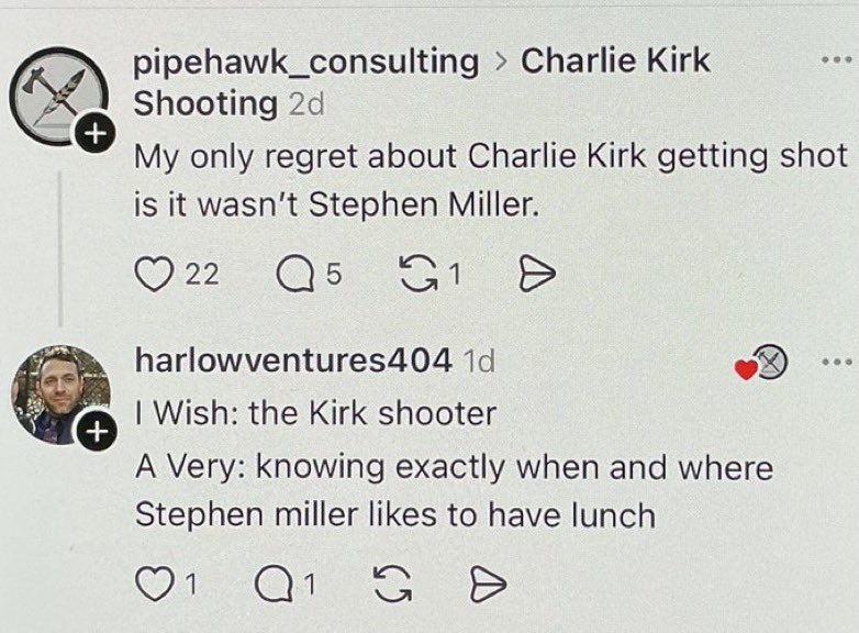 Aesthetica (@anc_aesthetics) on Twitter photo Update: Brian Harlow is now calling for the murder of Stephen Miller. This is a major with the US Army Reserves.
<a href="/FBI/">FBI</a> you need to arrest this man before he kills someone.
<a href="/PeteHegseth/">Pete Hegseth</a> <a href="/DeptofWar/">Department of War 🇺🇸</a> Update: Brian Harlow is now calling for the murder of Stephen Miller. This is a major with the US Army Reserves.
<a href="/FBI/">FBI</a> you need to arrest this man before he kills someone.
<a href="/PeteHegseth/">Pete Hegseth</a> <a href="/DeptofWar/">Department of War 🇺🇸</a>