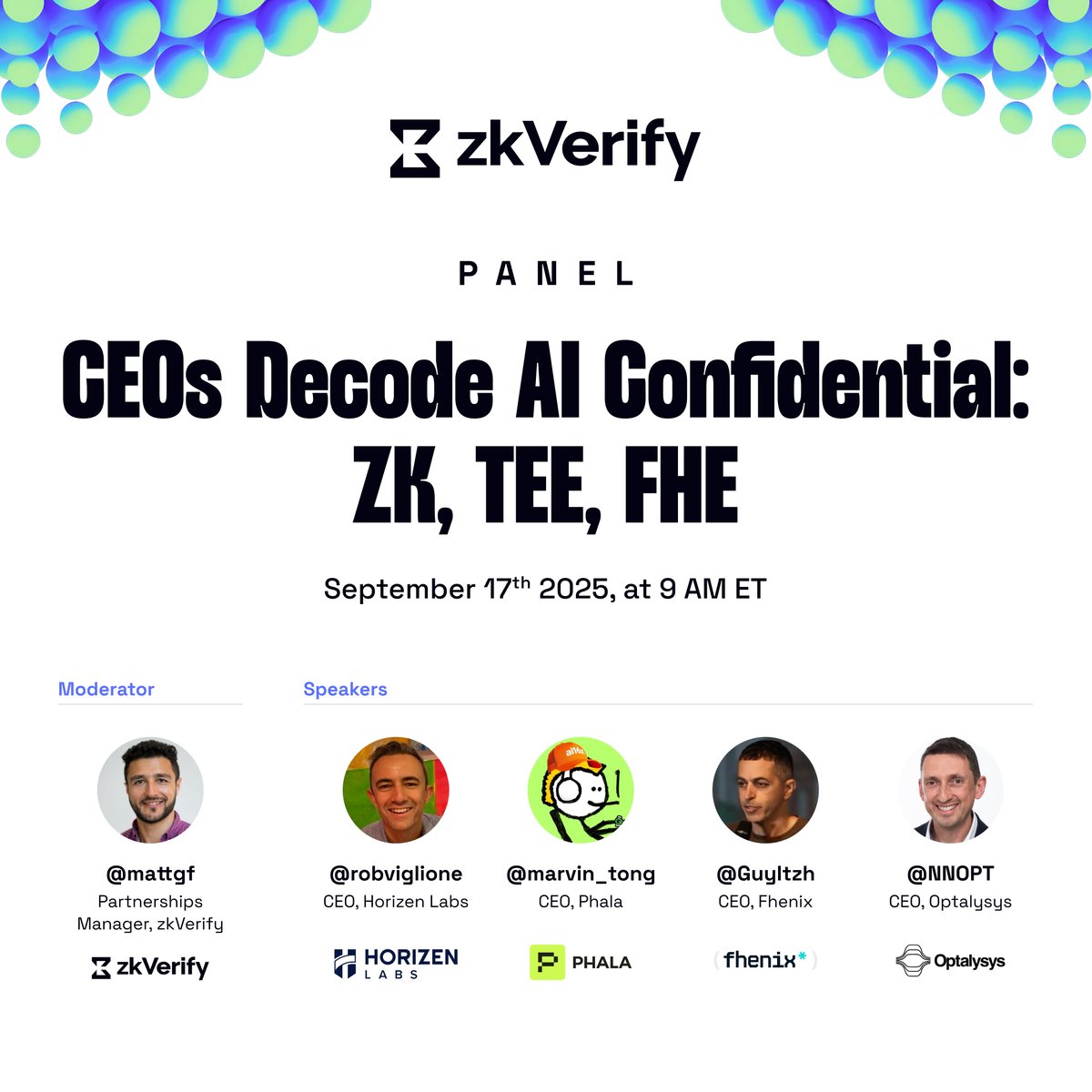 zk V e r i f y (@zkvprotocol) on Twitter photo Big X Space you won't want to miss ↴
On Sept 17 at 9 AM ET, join us for a must-attend CEO roundtable:
𝗖𝗘𝗢𝘀 𝗗𝗲𝗰𝗼𝗱𝗲 𝗔𝗜 𝗖𝗼𝗻𝗳𝗶𝗱𝗲𝗻𝘁𝗶𝗮𝗹: 𝗭𝗞, 𝗧𝗘𝗘, 𝗙𝗛𝗘
Hear directly from leaders shaping the future of confidential AI compute:
👤 <a href="/robviglione/">Rob Viglione</a> – CEO, Big X Space you won't want to miss ↴
On Sept 17 at 9 AM ET, join us for a must-attend CEO roundtable:
𝗖𝗘𝗢𝘀 𝗗𝗲𝗰𝗼𝗱𝗲 𝗔𝗜 𝗖𝗼𝗻𝗳𝗶𝗱𝗲𝗻𝘁𝗶𝗮𝗹: 𝗭𝗞, 𝗧𝗘𝗘, 𝗙𝗛𝗘
Hear directly from leaders shaping the future of confidential AI compute:
👤 <a href="/robviglione/">Rob Viglione</a> – CEO,