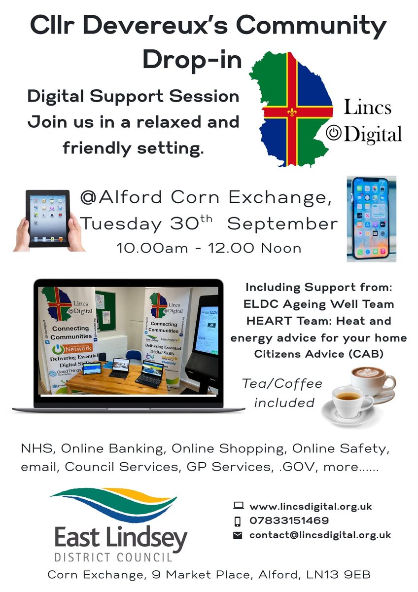 Lincsdigital1's tweet image. 🛡️ Community Support Morning – Alford Corn Exchange
📅 Tues 30 Sept | 🕙 10am–12pm
📍 9 Market Place, Alford LN13 9EB
Join Citizens Advice, HEART Team, Lincs Digital &amp;amp; more for free support, tea &amp;amp; friendly chats.
📱 Bring your device for a safety check!
#DigitalSupport #Community