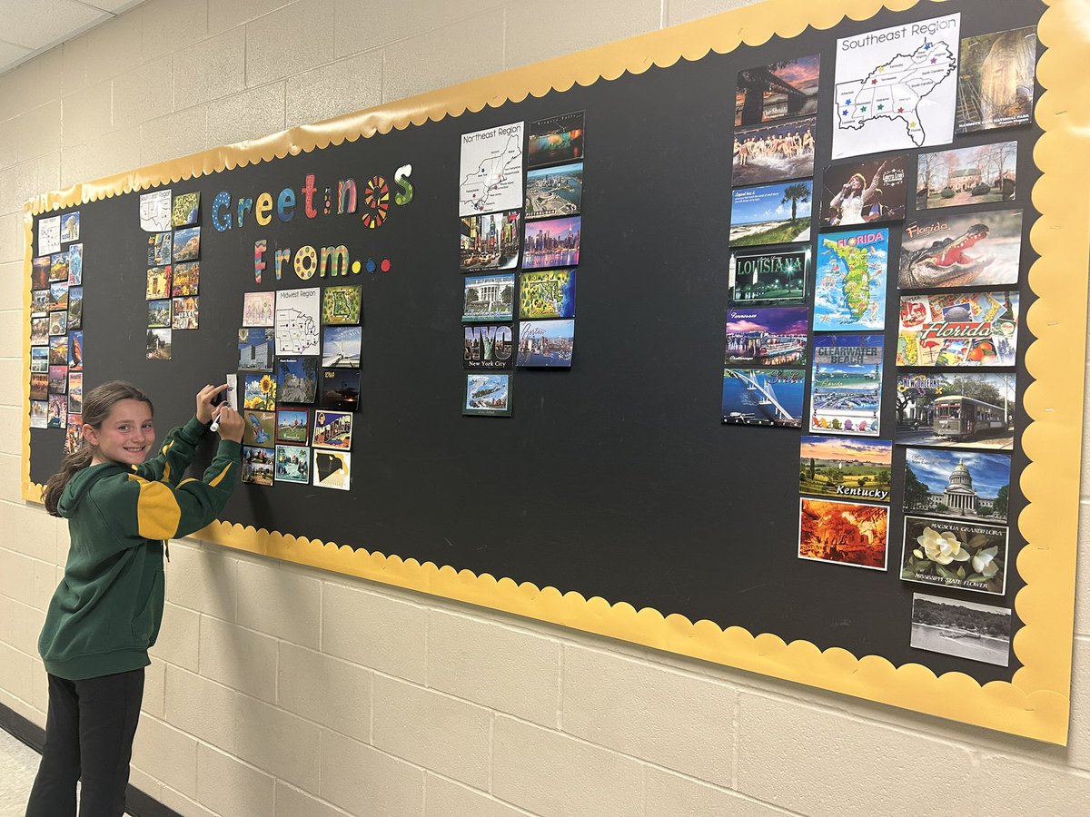Teacher assistant for the day, Everly, helped update our postcard bulletin board.  We need postcards from: CT, DE, HI, ME, MT, NE, NH, NJ, NC, ND, OK, RI, SC, &amp; VT.