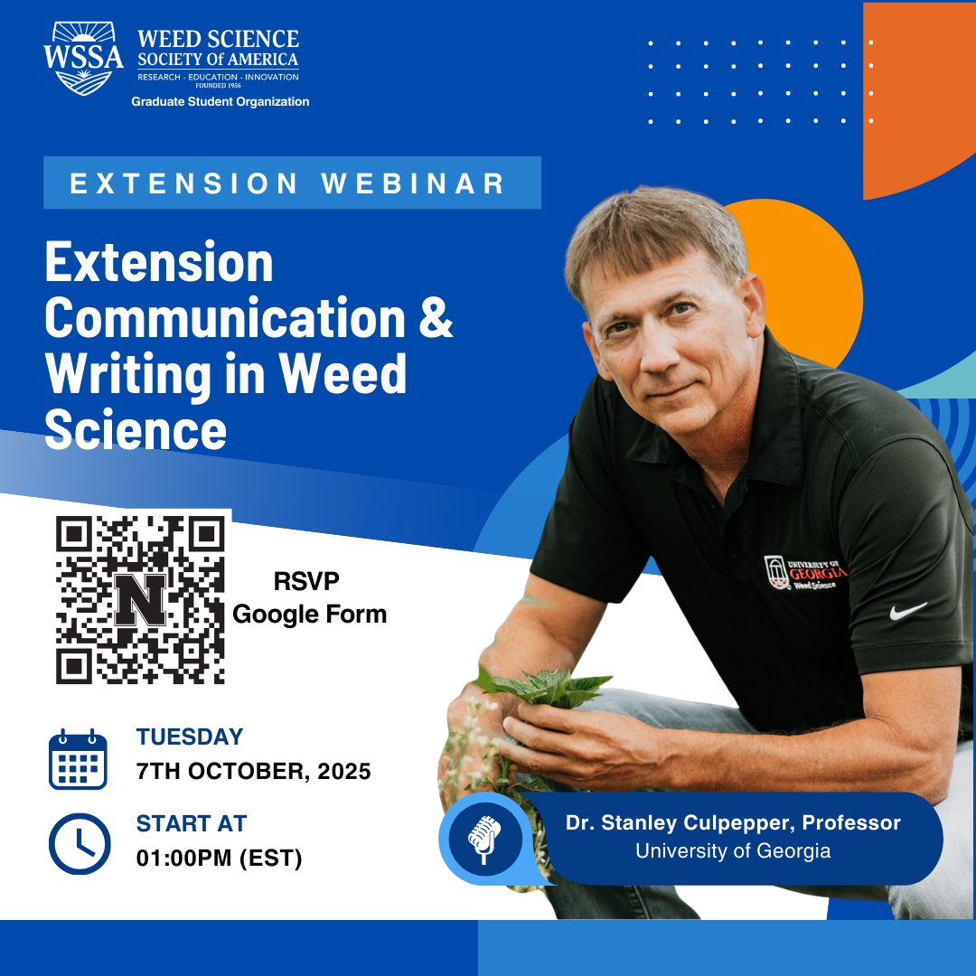 WSSA | GSO (@wssa_gso) on Twitter photo WSSA GSO presents: Extension Communication & Writing in Weed Science
Featuring Dr. Stanley Culpepper, University of Georgia
October 7 | 1 PM EST
Learn how extension connects research to impact and engages diverse audiences.
RSVP by September 30. forms.gle/XbbDfb6fKPCFoi… WSSA GSO presents: Extension Communication & Writing in Weed Science
Featuring Dr. Stanley Culpepper, University of Georgia
October 7 | 1 PM EST
Learn how extension connects research to impact and engages diverse audiences.
RSVP by September 30. forms.gle/XbbDfb6fKPCFoi…