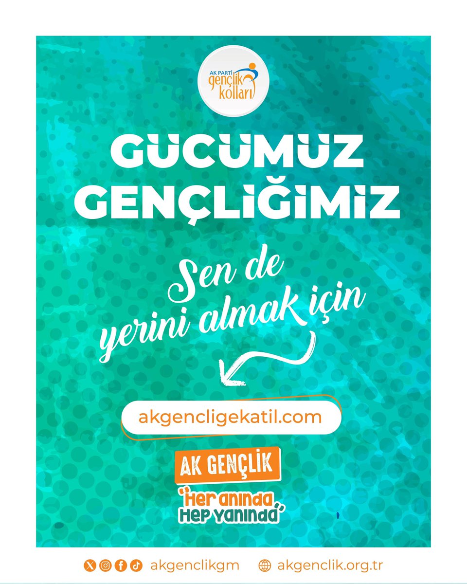 Gücümüz Gençliğimiz🌟 

Enerjisi ve vizyonuyla büyüyen,

AK Parti Gençlik Kolları ailemize sen de katıl. 

🤩 Formu doldur, biz sana ulaşalım! 😉 🔗akgencligekatil.com 🚀