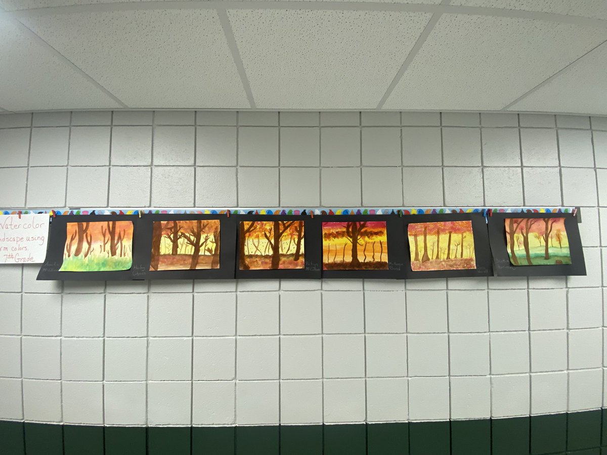 This week we asked what makes a fall landscape? Students used warm colors to create beautiful watercolor paintings. <a href="/mrsgause_GoZeps/">Mrs. Gause</a> @JusinDenius <a href="/OSLN/">OSLN</a>