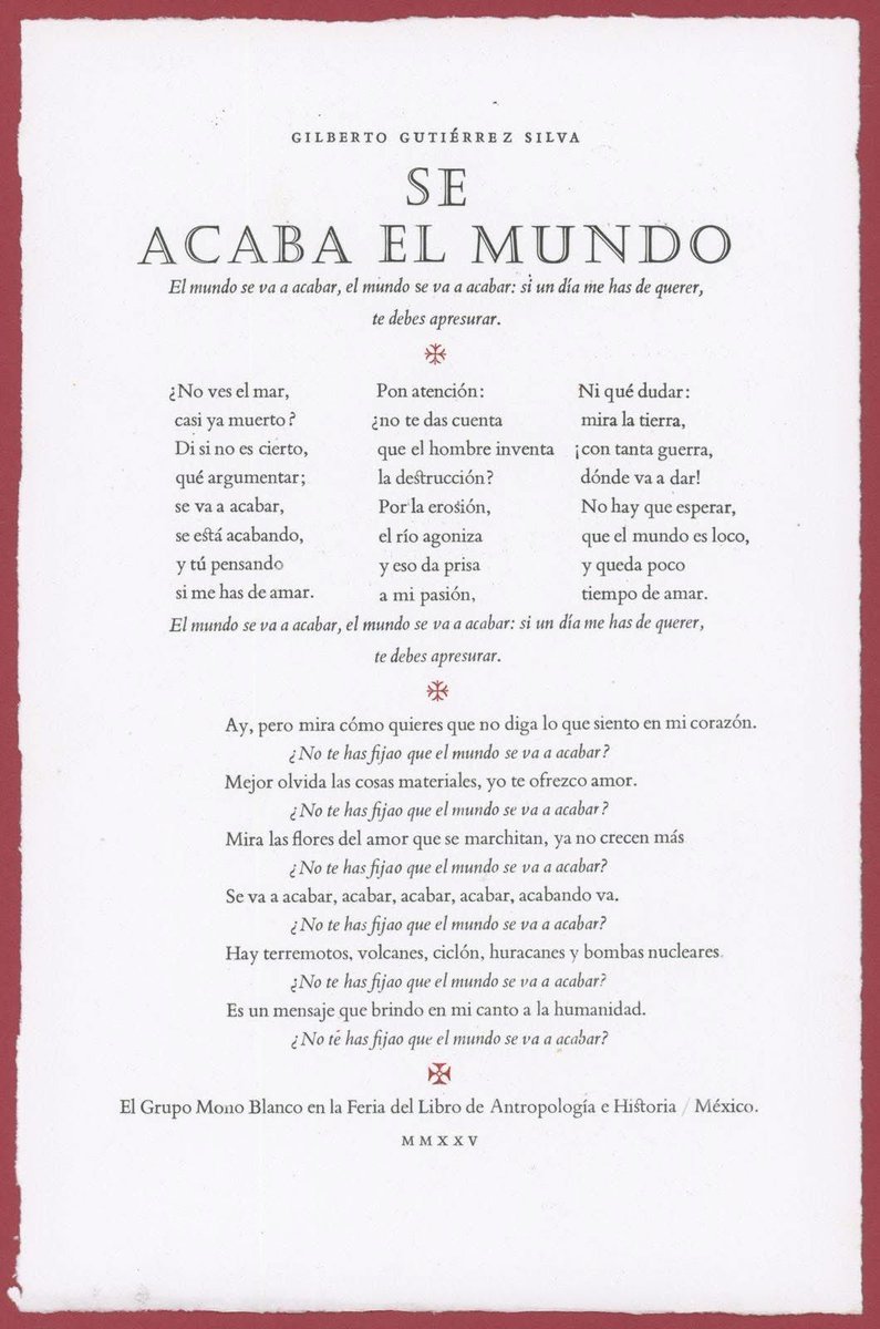 Impreso número 982 del Taller Martín Pescador, papel De Ponte, 16.5 x 25.2 cm, letras Bembo y Castellar. 100 ejemplares. Para el fandango en el Museo de Anreopología, el próximo día 23.