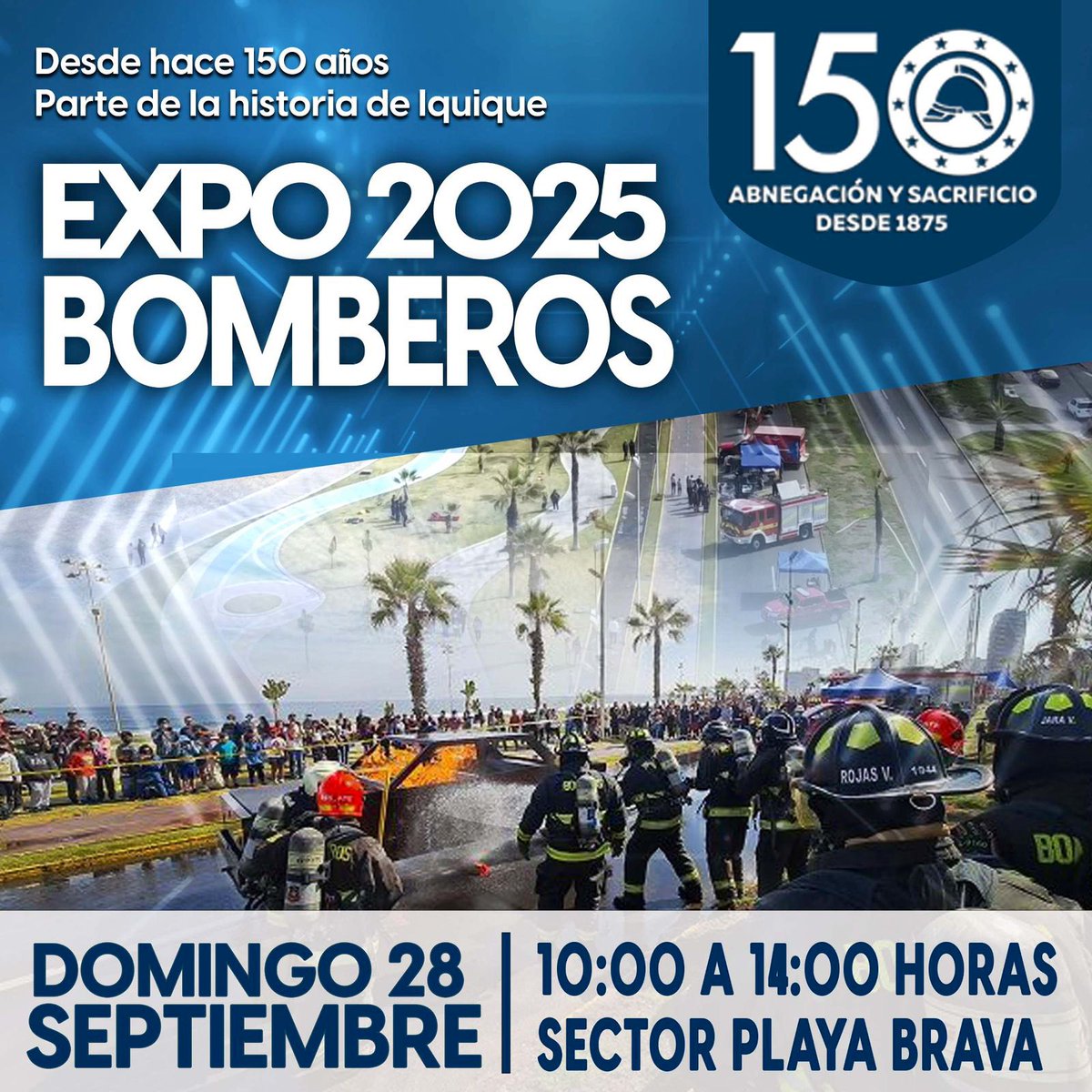Este 2025 celebramos un hito histórico. 
150 años de abnegación, sacrificio y servicio a #Iquique 
Acompáñenos en la Gran Expo 150 años Bomberos Iquique.
🔥🚒👇🏼
📅 Domingo 28 de septiembre
🕙 Desde las 10:00 hrs
📍 Playa Brava

¡No faltes!
 #BomberosIquique #150AñosCBI
