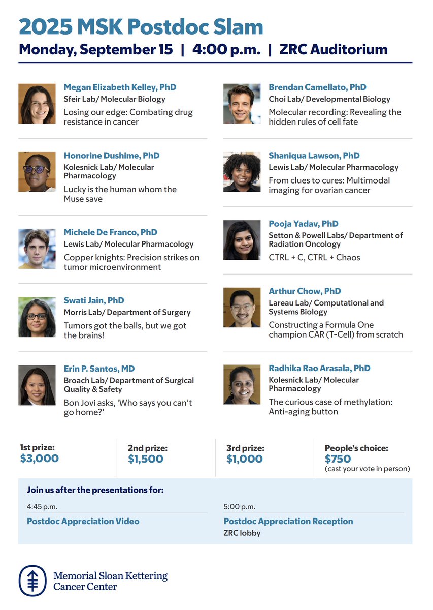 MSK ScienceEducation (@mskeducation) on Twitter photo Happy National Postdoc Appreciation Week to our phenomenal #MSKPostdocs (<a href="/MSKPDA/">MSKPDA</a>)!
<a href="/MSKCancerCenter/">Memorial Sloan Kettering Cancer Center</a> community, join us today @ 4pm for the Postdoc Slam competition. We will also announce the winners of the 📸 contest.  
#NPAW2025 Happy National Postdoc Appreciation Week to our phenomenal #MSKPostdocs (<a href="/MSKPDA/">MSKPDA</a>)!
<a href="/MSKCancerCenter/">Memorial Sloan Kettering Cancer Center</a> community, join us today @ 4pm for the Postdoc Slam competition. We will also announce the winners of the 📸 contest.  
#NPAW2025