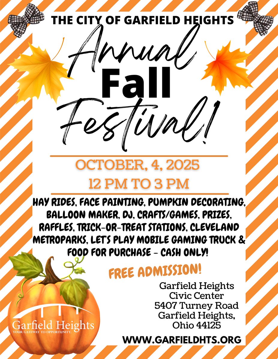 🎉 Join us for the Fall Annual Fest on October 4 from 12–3 PM at the Civic Center! Enjoy hayrides, face painting, pumpkin decorating, crafts, games, raffles, a balloon artist, DJ, trick-or-treat stations, a gaming truck, and a visit from Cleveland Metroparks. Food available!