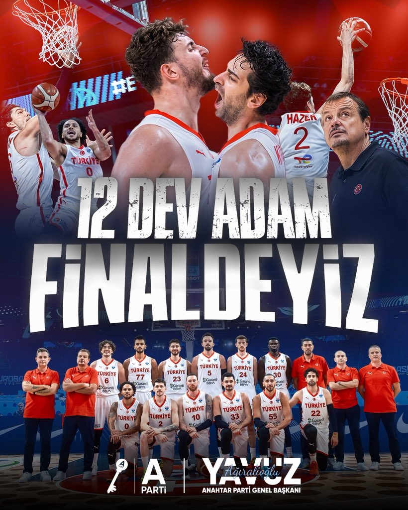 “Tebrikler 12 Dev Adam!”

Yunanistan’ı yarı finalde 94-68 gibi olağanüstü bir skorla yenerek 24 yıl aradan sonra yeniden finale çıkma başarısı göstererek milletimize büyük bir gurur yaşattınız. 

Azminiz, inancınız ve mücadeleniz gençlerimize örnek, milletimize ümittir.