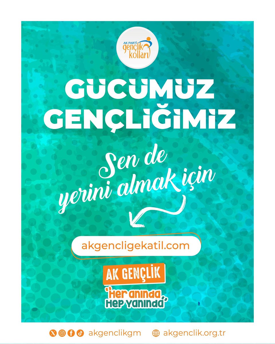 Gücümüz Gençliğimiz🌟 

Enerjisi ve vizyonuyla büyüyen,

AK Parti Gençlik Kolları ailemize sen de katıl. 

🤩 Formu doldur, biz sana ulaşalım! 😉 🔗akgencligekatil.com 🚀