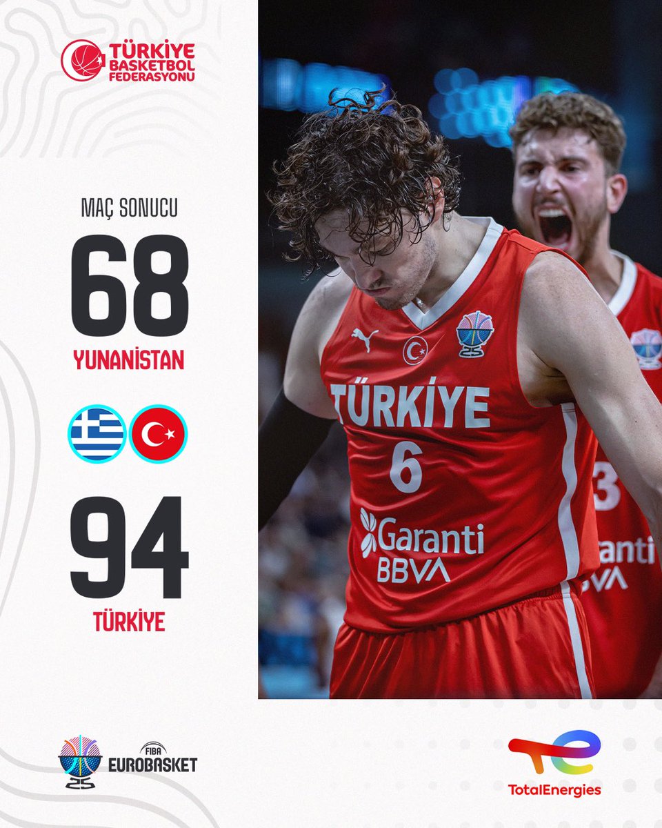 TBF (@tbf) on Twitter photo YÜRÜYELİM ARKADAŞLAR! 🇹🇷
A Erkek Milli Takımımız, FIBA 2025 Avrupa Şampiyonası yarı final maçında Yunanistan'ı 94-68 mağlup ederek adını finale yazdırıyor. 🏀
🇬🇷 Yunanistan 68-94 Türkiye 🇹🇷
<a href="/te_istasyonlari/">TotalEnergies İstasyonları</a>
#BuYolculukHepimizin #EuroBasket YÜRÜYELİM ARKADAŞLAR! 🇹🇷
A Erkek Milli Takımımız, FIBA 2025 Avrupa Şampiyonası yarı final maçında Yunanistan'ı 94-68 mağlup ederek adını finale yazdırıyor. 🏀
🇬🇷 Yunanistan 68-94 Türkiye 🇹🇷
<a href="/te_istasyonlari/">TotalEnergies İstasyonları</a>
#BuYolculukHepimizin #EuroBasket