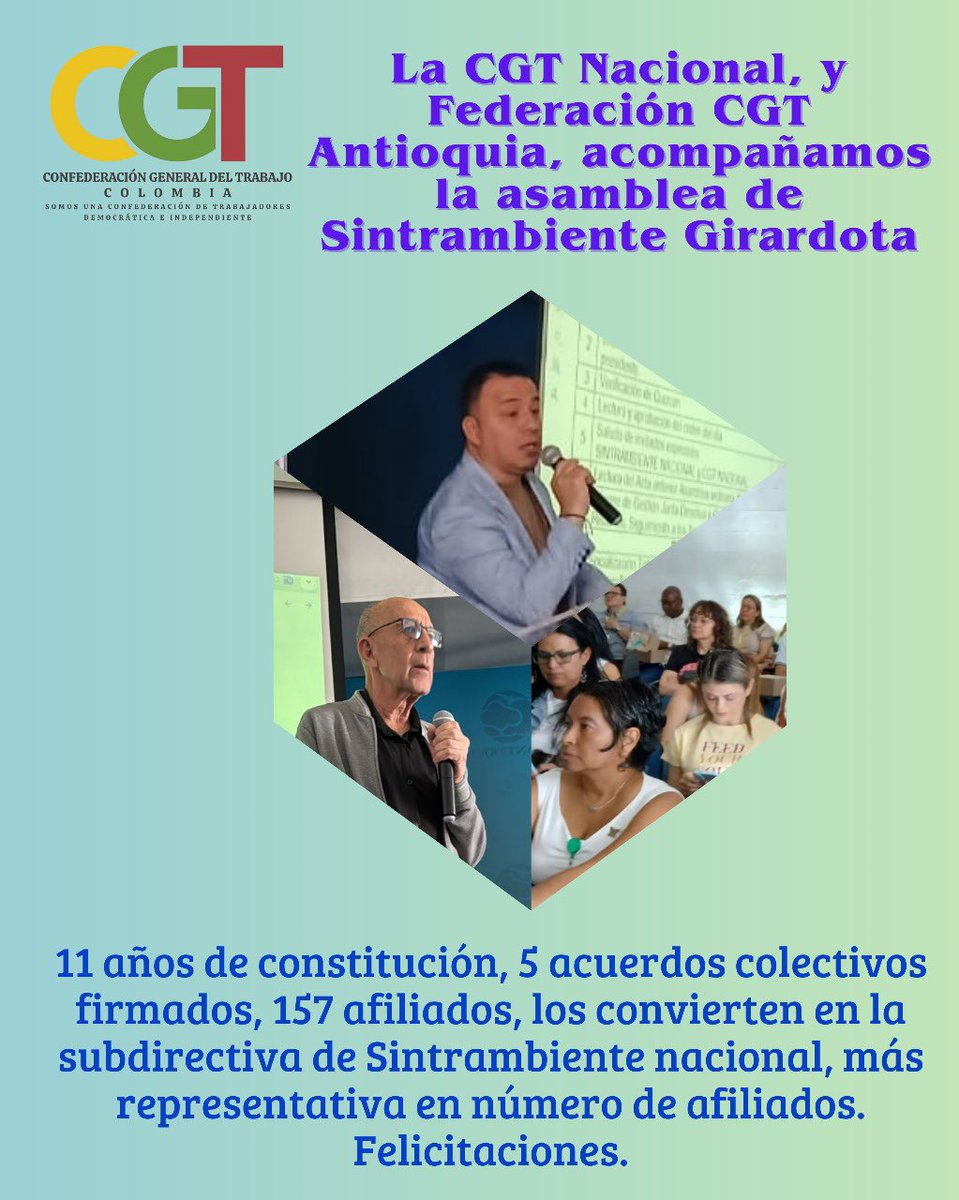 Desde la CGT Antioquia y CGT Nacional, acompañamos la asamblea de afiliados de Sintrambiente Girardota, con sede en la corporación ambiental, Corantioquia. 

11 años de constitución, 5 acuerdos colectivos firmados, 157 afiliados, los convierte en la subdirectiva de Sintrambiente