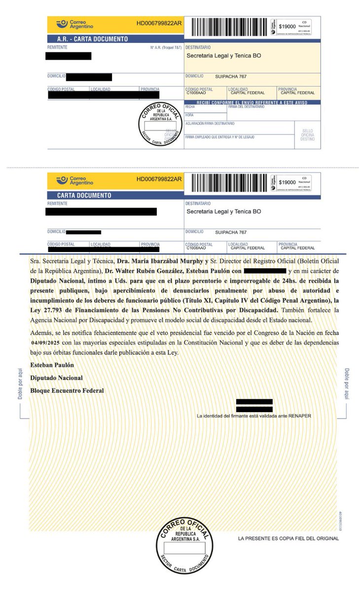 EstebanPaulon's tweet photo. SI NO PUBLICAN LA EMERGENCIA, HABRÁ DENUNCIA PENAL! 

La publicación y cumplimiento de la ley de Emergencia en Discapacidad no puede esperar más! 
Intimamos a la Secretaría Legal y Tecnica del gobierno Nacional y al Boletín Oficial a publicar la ley 27793 en 24 hs.
Caso contrario denunciaremos por incumplimiento de deberes de funcionario público al Presidente @JMilei y todos los responsables!