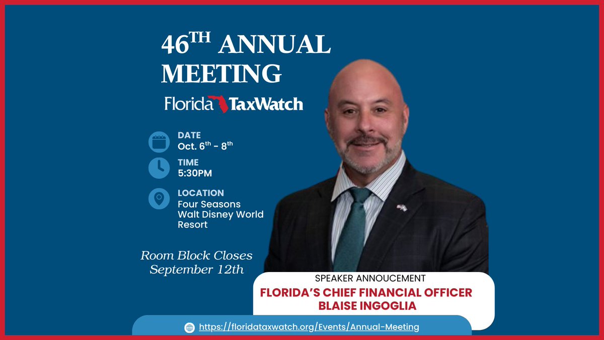 The 46th Annual Meeting is almost here! Join FL CFO &amp; State Fire Marshal Blaise Ingoglia <a href="/GovGoneWild/">Blaise Ingoglia</a> + top leaders at Four Seasons Walt Disney World Resort. Connect, learn, and book your room by TODAY, Sept 12. 

Register: floridataxwatch.org/Events/Annual-…

Hotel: shorturl.at/Wkjma