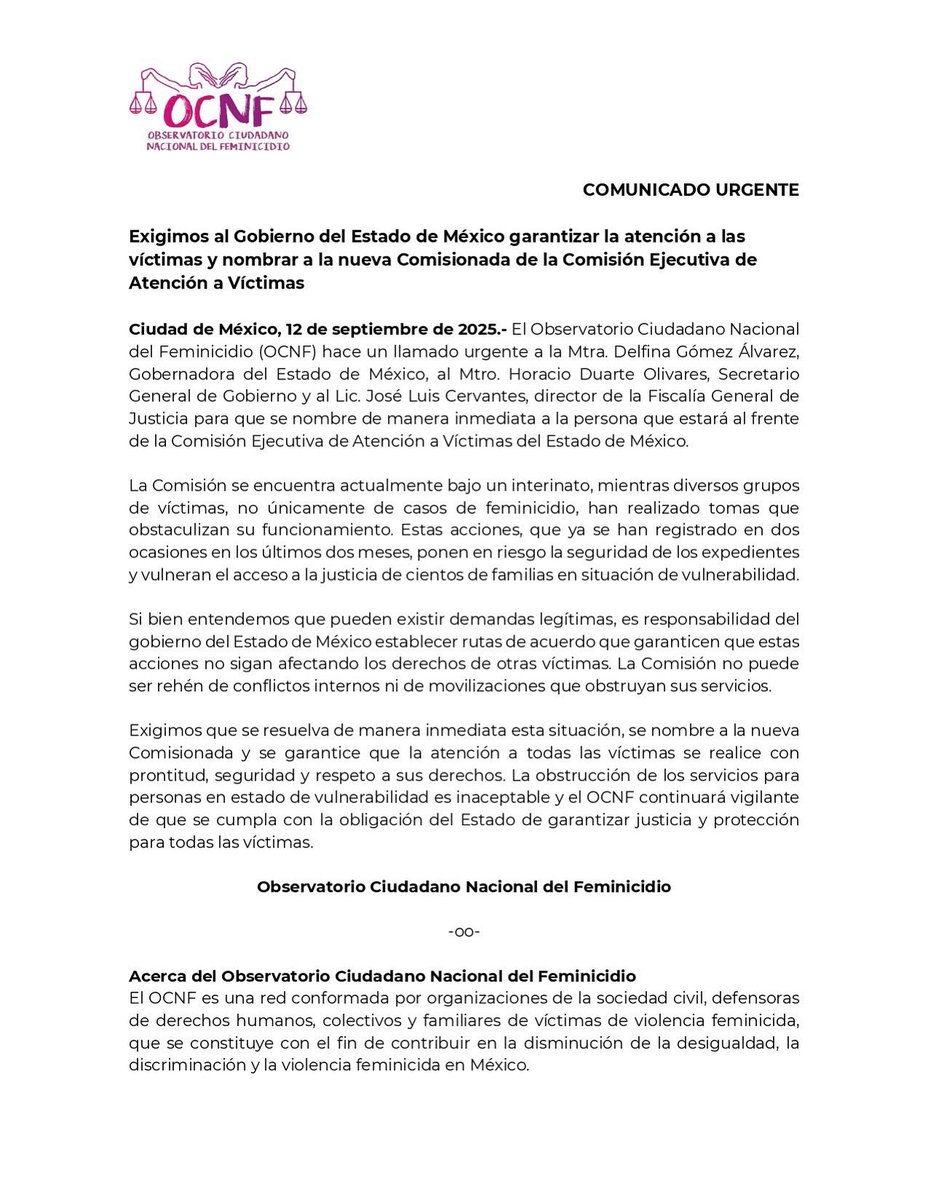 📣 COMUNICADO URGENTE 

Exigimos al Gobierno del Estado de México garantizar la atención a las víctimas y nombrar a la nueva Comisionada de la Comisión Ejecutiva de Atención a Víctimas del Estado de México

#NosVanAVerJuntas 
<a href="/Edomex/">Gobierno del Estado de México</a> <a href="/delfinagomeza/">Delfina Gómez A.</a> 
<a href="/CEAVEM/">Atención a Víctimas</a> <a href="/FiscaliaEdomex/">Fiscalía Edoméx</a>