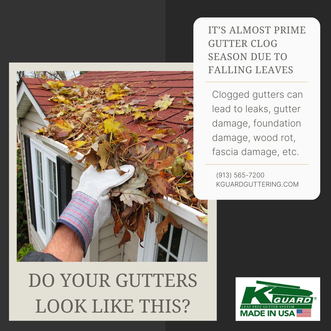 🍂 It’s almost that time of year… falling leaves = clogged open gutters! If your gutters are starting to look like a leaf collector instead of a drainage system, it’s time for an upgrade. 🚫🍁

👉 Call us today to make the switch to K-Guard 🏡💧 (913) 565-7200