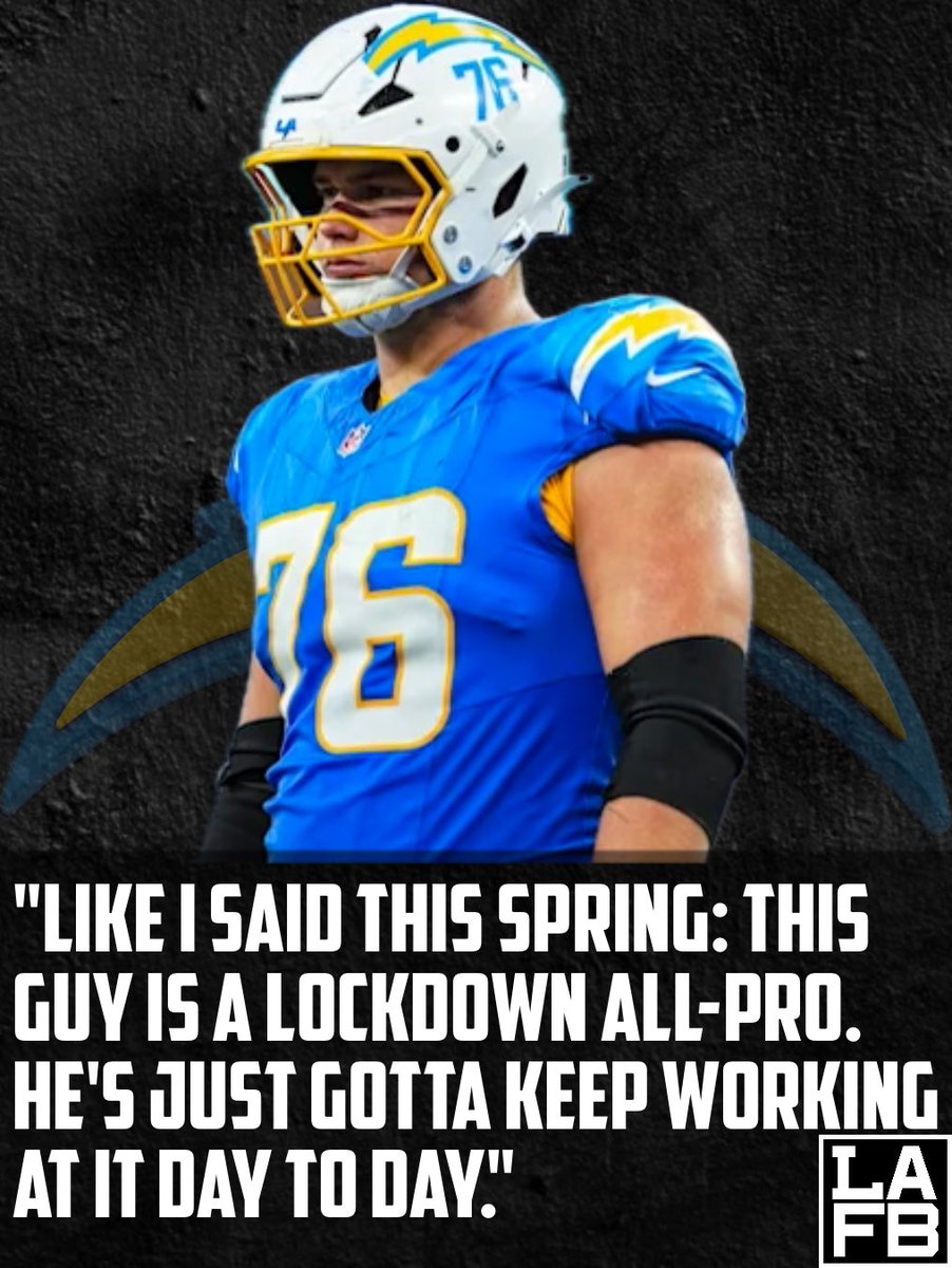 LAFBNetwork's tweet photo. Greg Roman is all in on Joe Alt.
“Lockdown All-Pro” was the spring label, and nothing’s changed.

#BoltUp #Chargers #JoeAlt #LAFB #OffensiveLine #AllProMentality https://t.co/enxjwxB53r