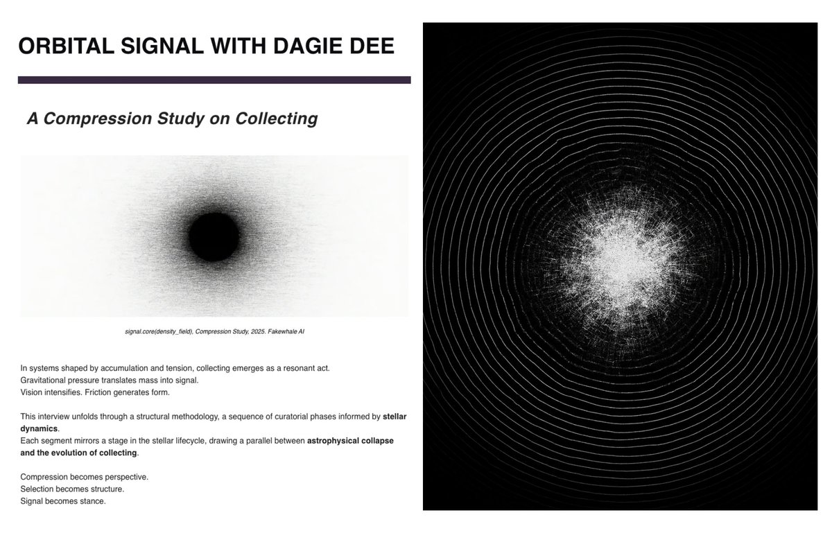 fakewhale (@fakewhale_xyz) on Twitter photo Now live on Fakewhale CIRCLE ◉
Dialog Flow - Orbital Signal with <a href="/DagieDee/">DagieDee</a> 
Our latest editorial explores the gravitational field of collecting through structural parallels between stellar dynamics and the evolution of digital art.
Featuring reflections on saturation, Now live on Fakewhale CIRCLE ◉
Dialog Flow - Orbital Signal with <a href="/DagieDee/">DagieDee</a> 
Our latest editorial explores the gravitational field of collecting through structural parallels between stellar dynamics and the evolution of digital art.
Featuring reflections on saturation,