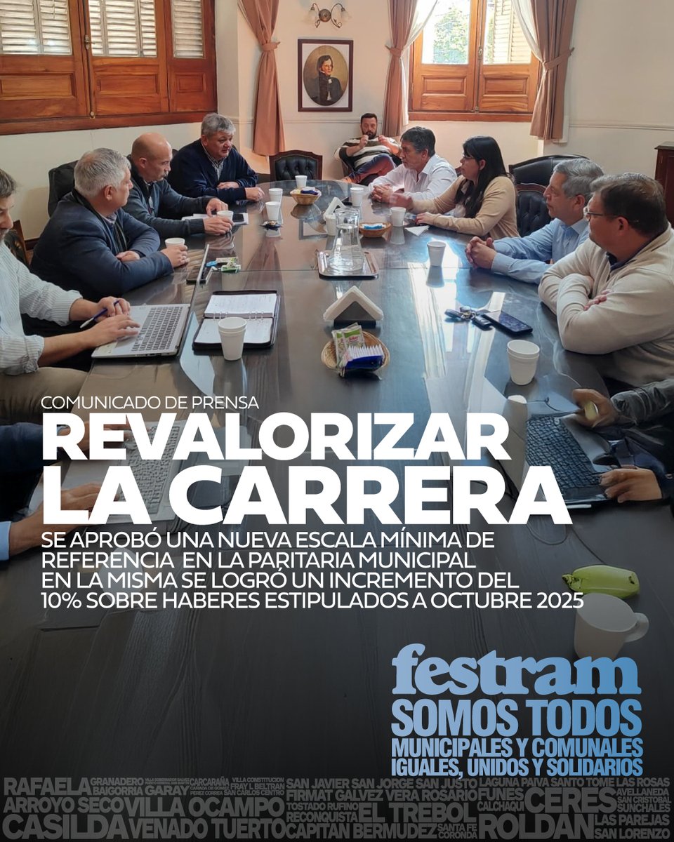 SE APROBÓ UNA NUEVA ESCALA MÍNIMA DE REFERENCIA EN LA PARITARIA MUNICIPAL
En la misma se logró un incremento del 10% sobre haberes estipulados a Octubre 2025

municipales.org.ar/festram/se-apr…