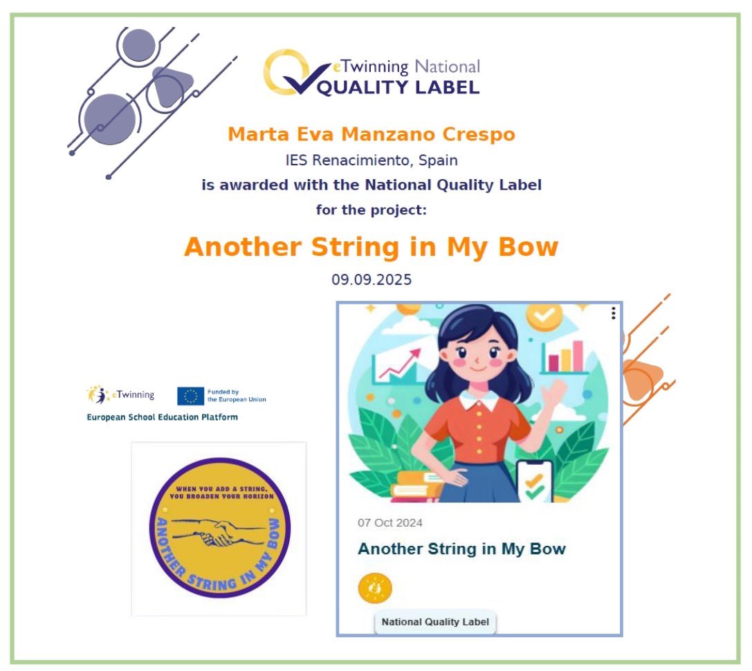 Empezamos orgullosos de haber obtenido el Sello Nacional de Calidad eTwinning por el proyecto "Another string in my bow". Felicidades al grupo de 4ºESO que participaron con su profesora Marta Eva Manzano Crespo de ECEM y FOPP. Good job!<a href="/educaciongob/">Ministerio de Educación, FP y Deportes</a> @educaciongob <a href="/fp_empresa/">FPEmpresa</a>