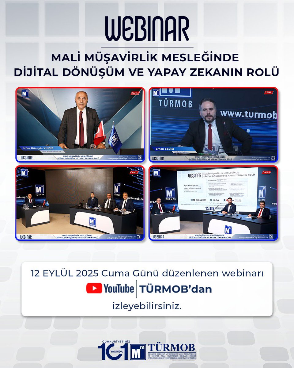 KartalogluEmre's tweet photo. 12 Eylül 2025 Cuma günü “Mali Müşavirlik Mesleğinde Dijital Dönüşüm ve Yapay Zekanın Rolü” konulu Webinarı gerçekleştirdik.

Webinarı hazırlayan Dijital Dönüşüm Sürecine Uyum Kurulumuza  ve sunumlarıyla katkı sağlayan tüm konuşmacılara teşekkürlerimi sunarım.

Webinarın tekrarını YouTube kanalımızdan 🔗 https://t.co/UzroMtJHcS izleyebilirsiniz.

#türmob