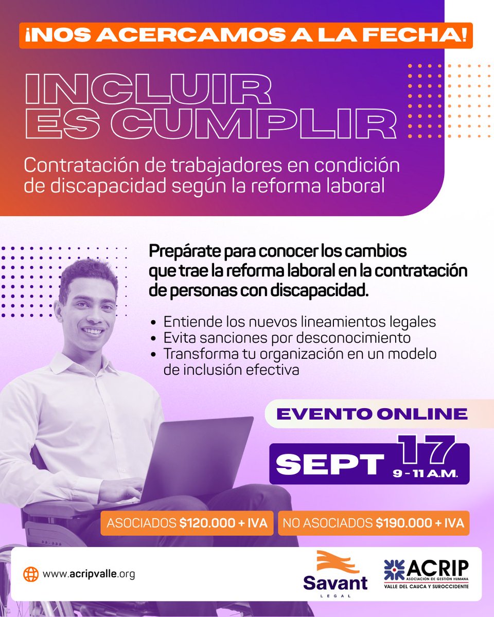 🔑 Incluir es cumplir, pero también es transformar.

La nueva reforma laboral trae consigo cambios decisivos en la contratación de personas con discapacidad.

🔗 Inscríbete aquí: share.hsforms.com/1DJ7Nd7nMSWKo1…

🌐 acripvalle.org