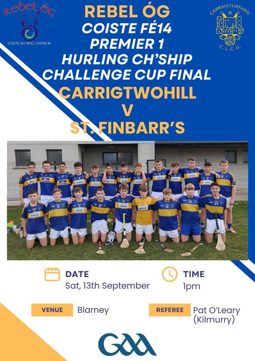The Fé14 hurlers will contest the final of the Premier 1 Challenge Cup tomorrow afternoon against St. Finbarr's in Blarney.

We wish the entire panel along with the management the very best of luck in the game.

Please support the team tomorrow. Carraig Abú. 🇺🇦