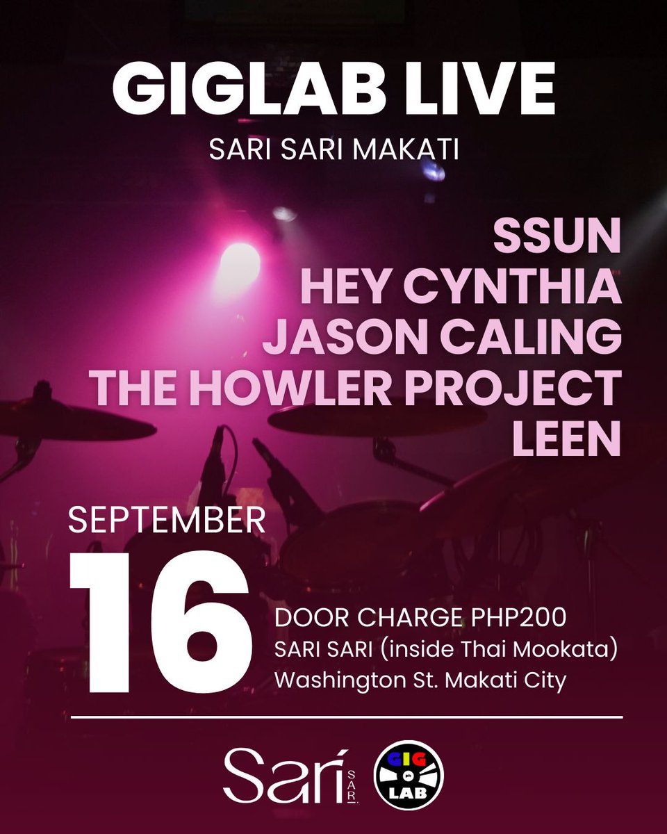 🚨GIG ALERT🚨

16 September 2025
8PM onwards
Sari Sari Makati City

Featuring:
Ssun
Hey Cynthia
Jason Caling
The Howler Project
Leen

Door Charge PhP200.00

See you there labs! 💙💛❤️

#GigLabLive #SupportLocalMusicArtists #SupportLiveMusic #SupportLiveMusicVenue #Highlights2025