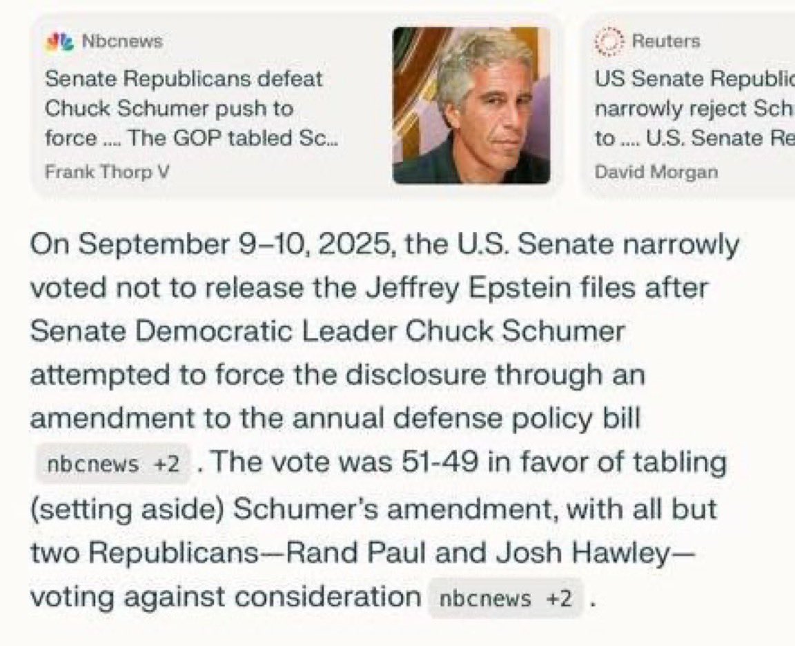 🚨BREAKING: While the nation mourns, Congress quietly votes AGAINST releasing Jeffrey Epstein’s secret files. Senate GOP blocks Schumer’s amendment 51-49. 

Just 2 Republicans sided with Democrats. Transparency? Justice? Not today.