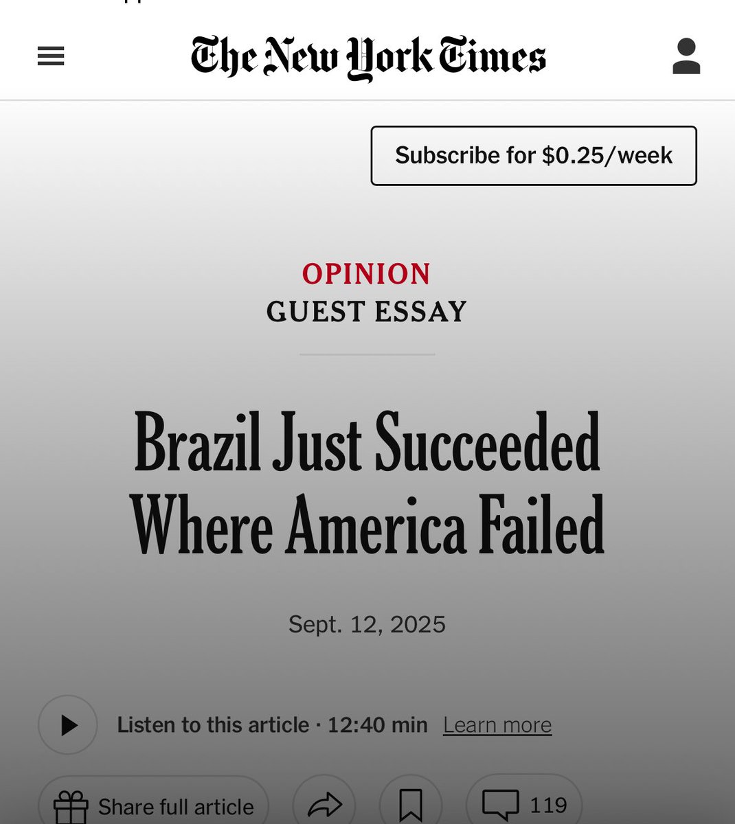 Deu no New York Times: Brasil acaba de ter sucesso naquilo que o Estados Unidos falharam. 

Na quinta-feira, a Suprema Corte do Brasil fez o que o Senado e os tribunais federais dos EUA tragicamente falharam em fazer: levar à justiça um ex-presidente que atacou a democracia.

Em
