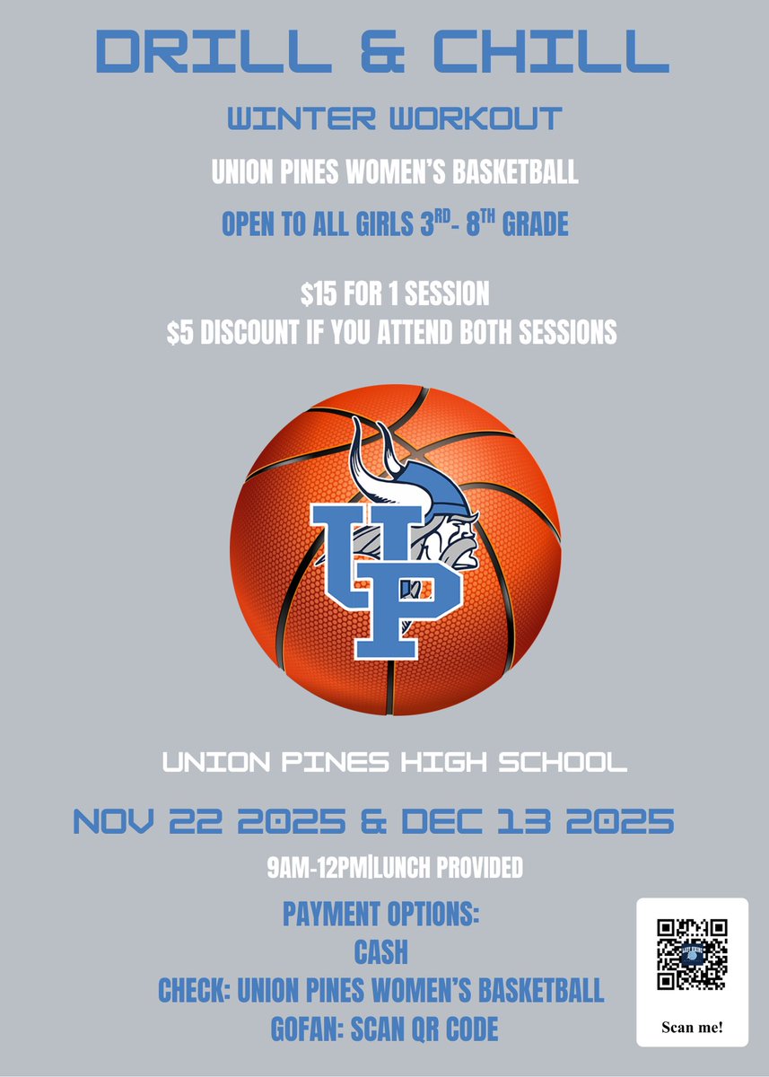 UPHSWB's tweet image. Drill &amp;amp; Chill Winter Workout 🏀
3rd–8th grade girls — come develop your skillset with the Union Pines Women’s Basketball team! Learn the game, build confidence, and have fun on the court. Let’s grow together this winter! 💙