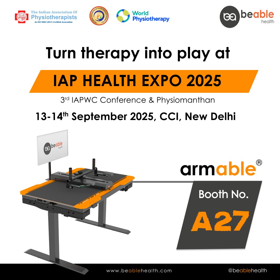 Rehab that patients love and therapists trust.
We’re bringing the future of upper-limb therapy to Delhi.
Will you be at Booth A27?

#3rdphysiomanthan #3rdNationalIAPWCconference #worldphysio #wpawp2025 #IAPHealthExpo2025  #RehabTechnology #UpperLimbRehab #BeableHealth #Armable