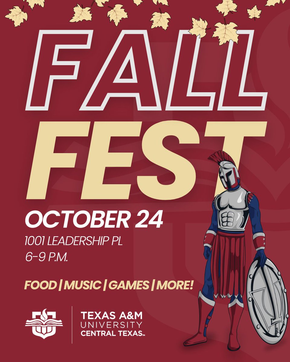 Fall Fest is back, Warriors! 🎃🍂

From pumpkin painting to glow-in-the-dark games and a costume contest, there’s something for everyone! 👻

📅 October 24
⏰ 6-9 pm
📍 1001 Leadership Pl

Mark your calendars and get ready for a night full of fall fun.

#TAMUCT #FallFest #Killeen